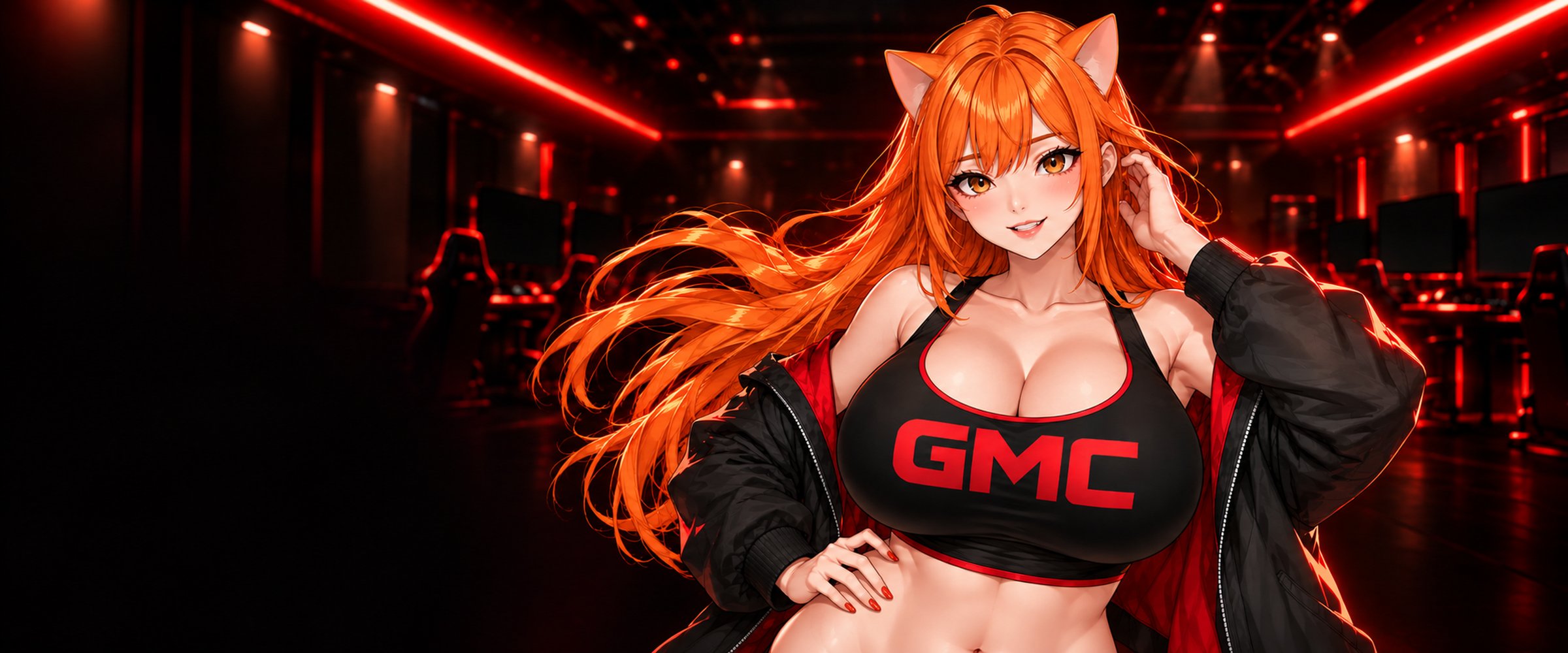 Orange-haired cat-eared character standing in a red-lit gaming lounge, hair sweeping across the frame
