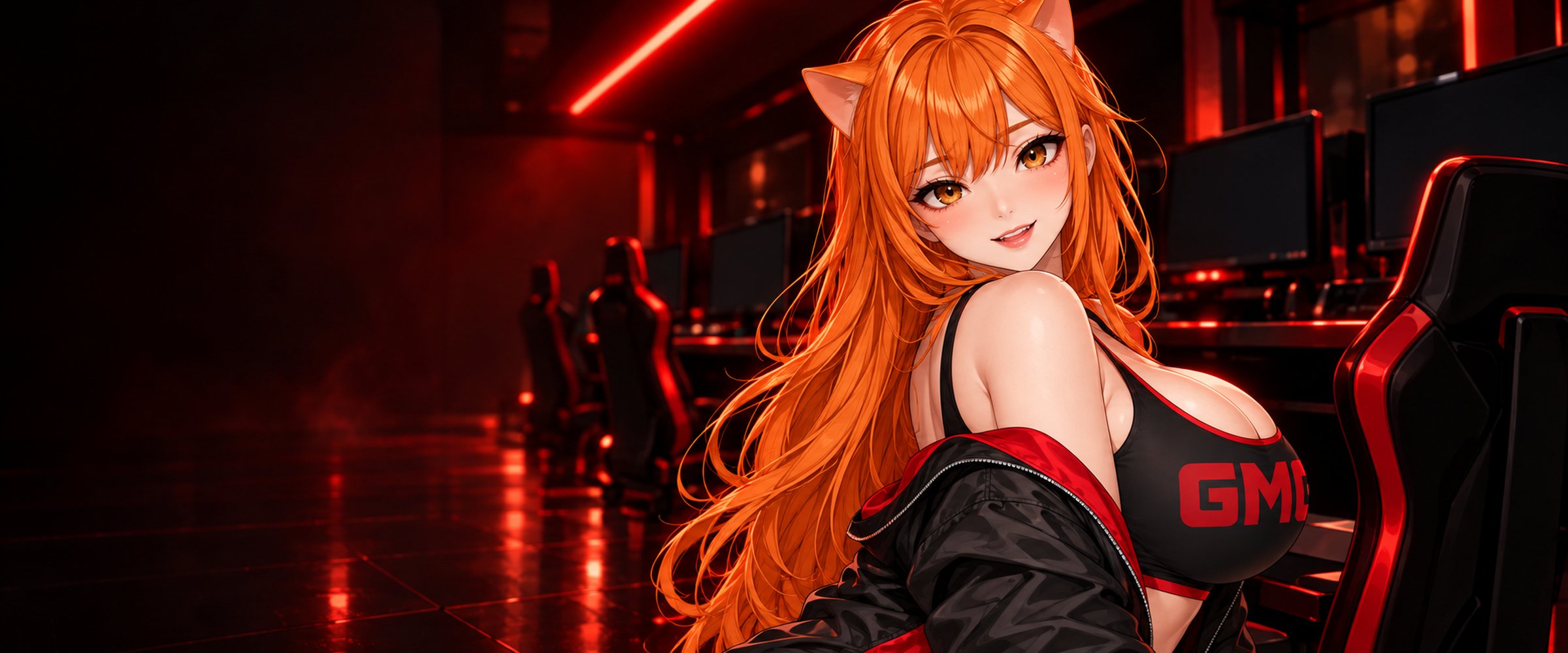 The character looking back over her shoulder in a darkened lounge lit by one red ceiling line