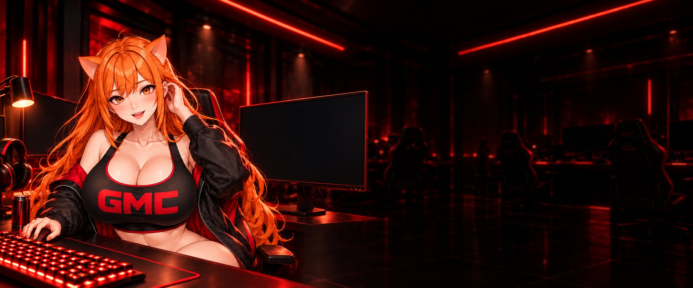 The character at her gaming desk, turned toward the viewer, red ceiling light above
